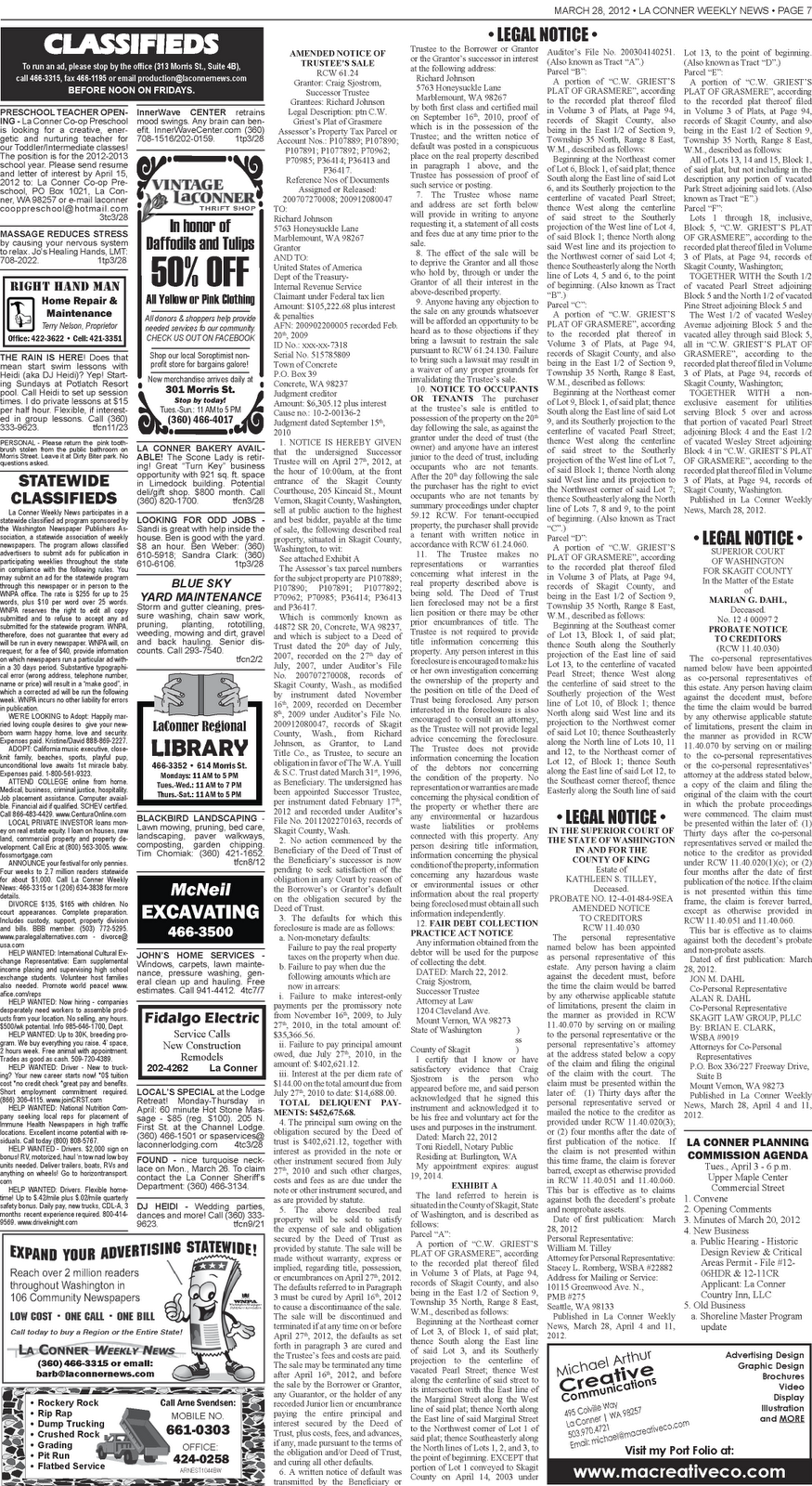 La Conner Weekly News Classified Ads