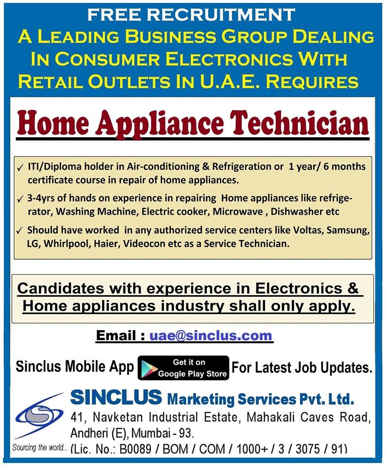 Home Appliance Technician for Retail outlets in UAE Home Appliance Technician for Retail outlets in UAE