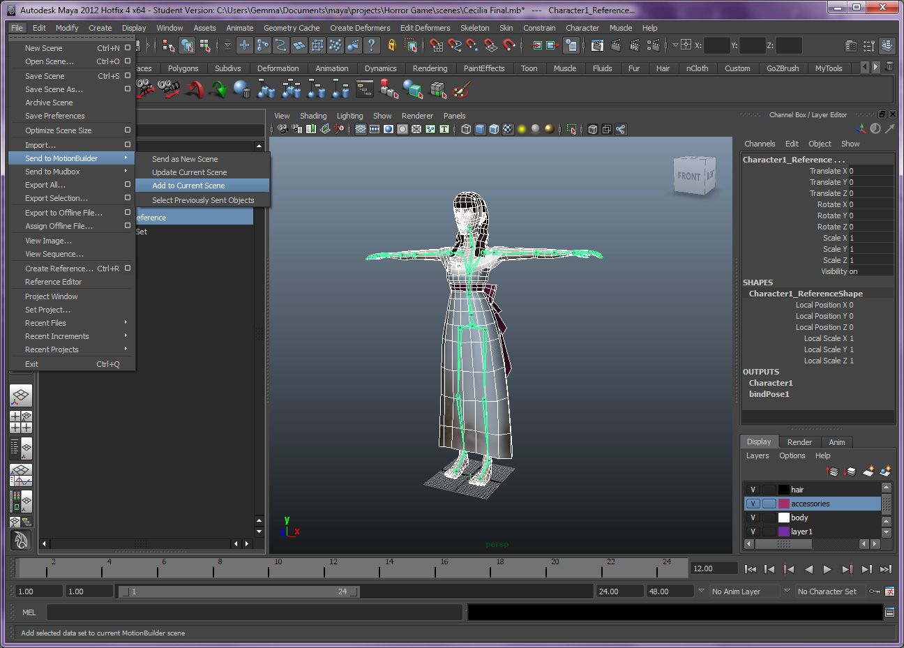 Dissonance (G.Suen FMP) Maya to MotionBuilder Importing C3D and