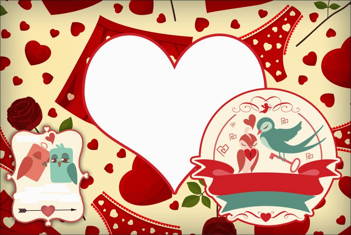 Pajaritos de San Valentín: Invitaciones para Imprimir Gratis. Para hacer invitaciones, tarjetas, marcos de fotos o etiquetas, para imprimir gratis.