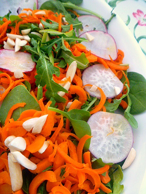 Roasted Carrot Noodle Salad with Honey Thyme Vinaigrette:  Wonderfully sweet and tender roasted carrots sit atop a bed of arugula, mixed with thin sliced Easter egg radishes, and doused with a honey thyme vinaigrette.. Slice of Southern