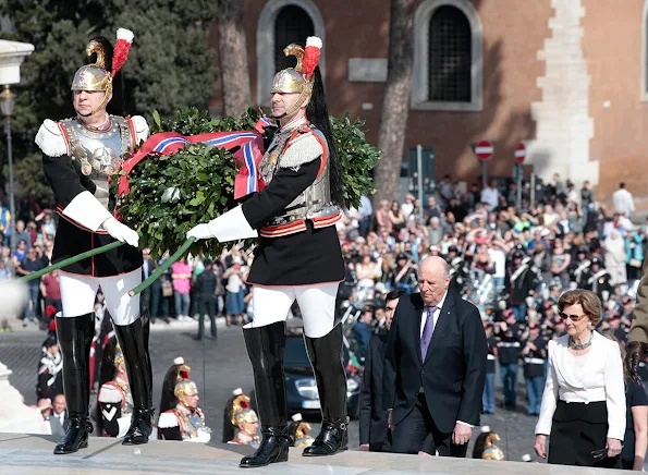 King Harald and Queen Sonja of Norway leave a wreath at the Altare della Patria (Altar of the Fatherland -Tomb of the Unknown Soldier) diamond earrings, summer fashions