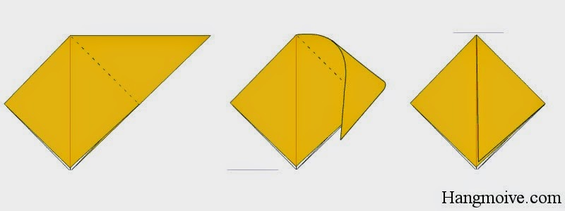 Bước 4: Lật ngược tờ giấy lại phía sau, gấp hình tam giác cân ngược sao cho góc bên phải của nó chạm vào góc dưới cùng của tứ giác ta được một hình tứ giác đều như hình dưới. Sau đó ta lại mở ra, mục đích để tạo nếp gấp.