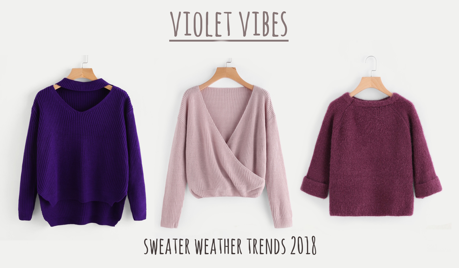 fashion collage with three trendy violet sweaters for sweater weather season
