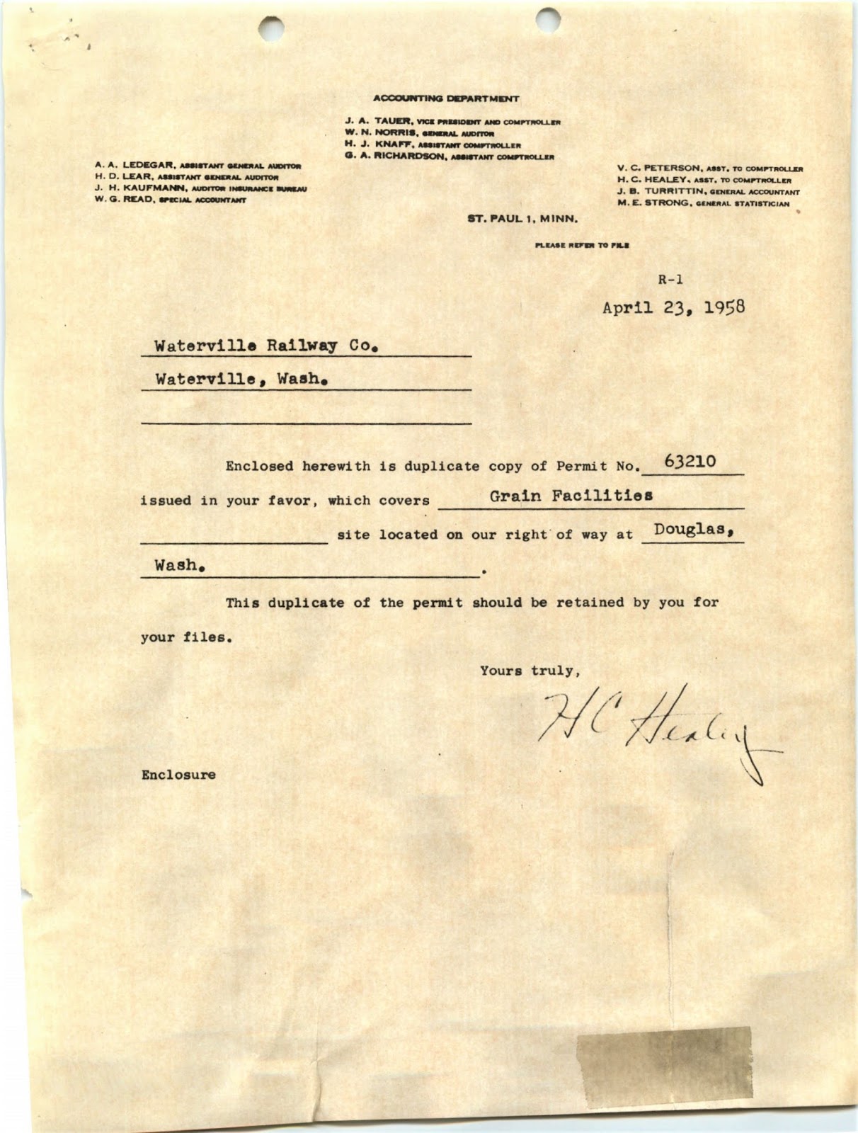 Big Bend Railroad History Waterville Railway GN Permit Letter