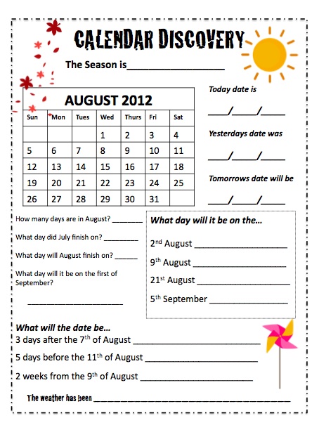 Free Printable Calendar Worksheets For 1st Grade