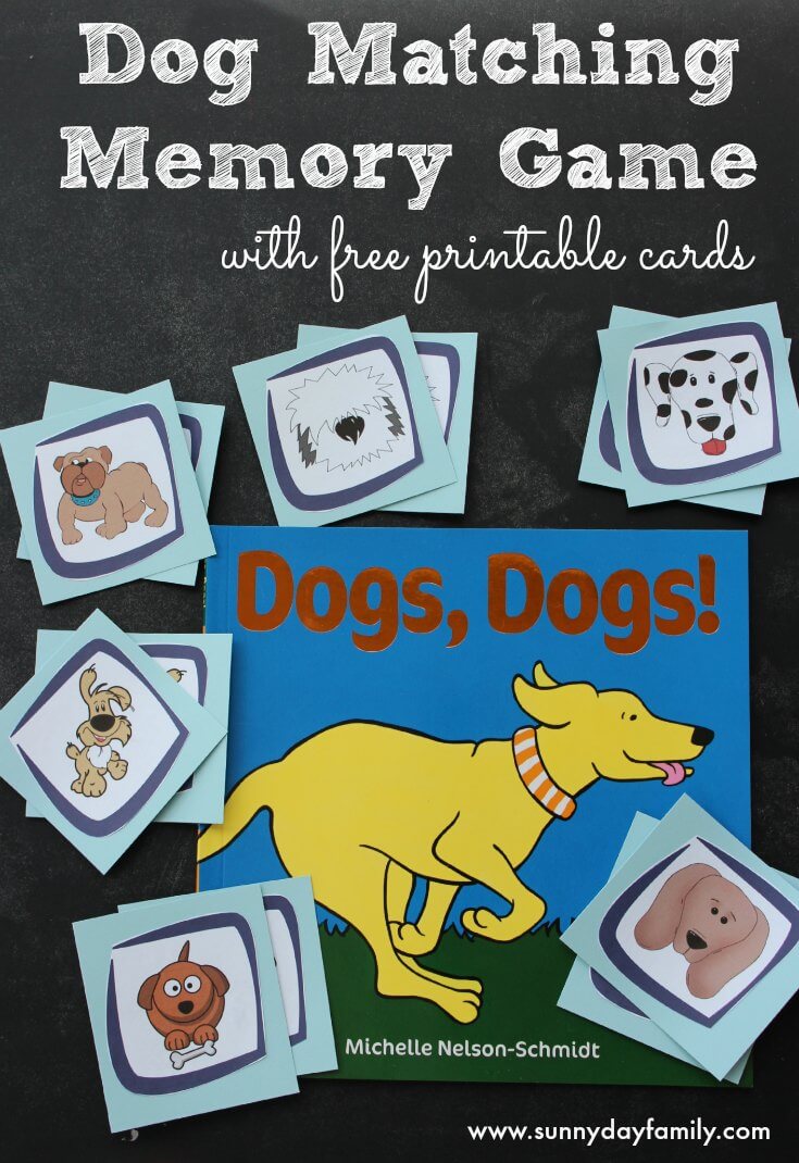 Matching and memory game based on the books Dogs, Dogs! Includes free printable cards. Perfect for dog loving toddlers & preschoolers!