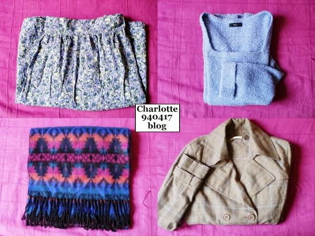 Spódniczka w kwiaty, błękitny sweter, szalik w azteckie wzory, płaszcz w kratkę
