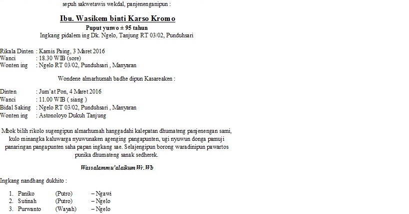 Contoh Surat Lelayu Bahasa Jawa