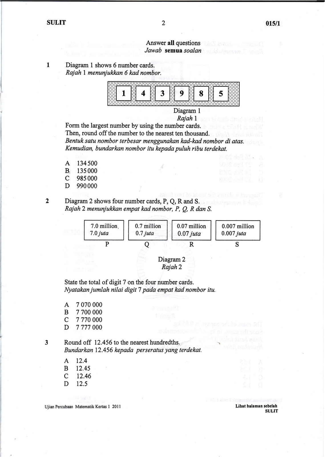 Oh! Indahnya Matematik: Soalan Trial UPSR 2011 (Melaka)