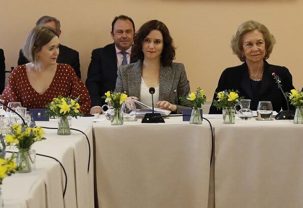 Isabel Díaz Ayuso and Queen Sofia of Spain attends a meeting with Board of Superior School Of Music 'Reina Sofia' in Madrid