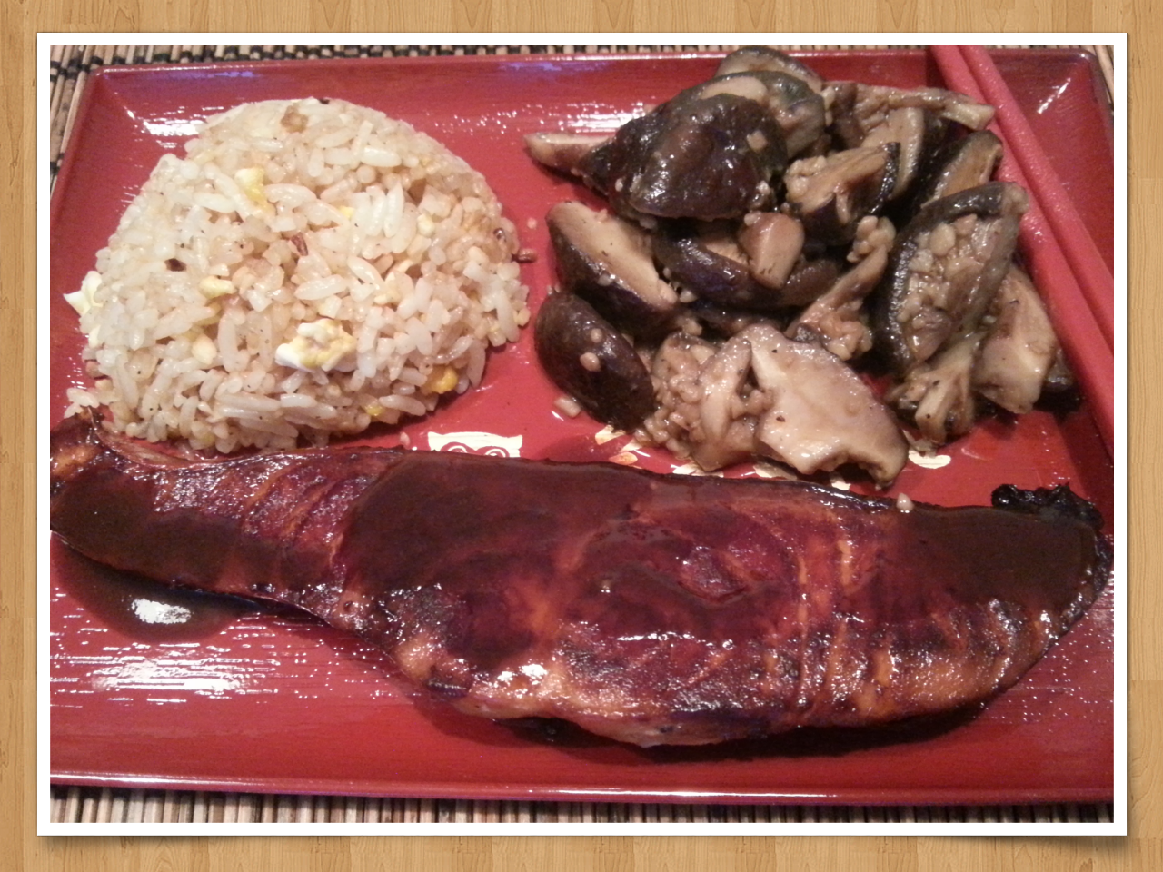 Hani's Kitchen Salmon Teriyaki, Garlic Mushroom & Garlic Fried Rice