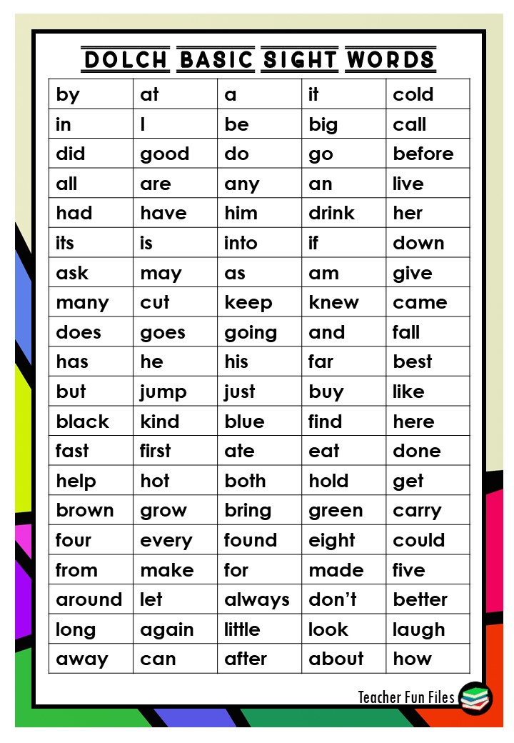Teacher Fun Files Dolch Basic Sight Words List