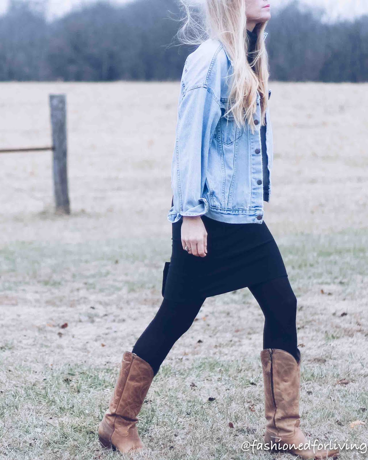 white dress with jean jacket and boots