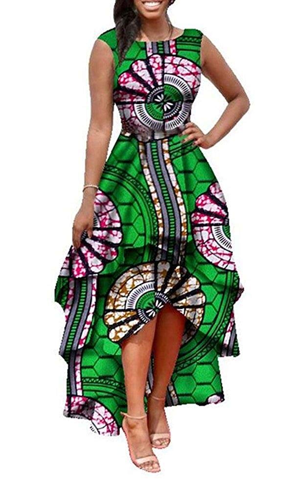 Womens African Dress Formal Prom Dashiki Print Sleeveless Peplum Fit Flare Midi High Low Dress 