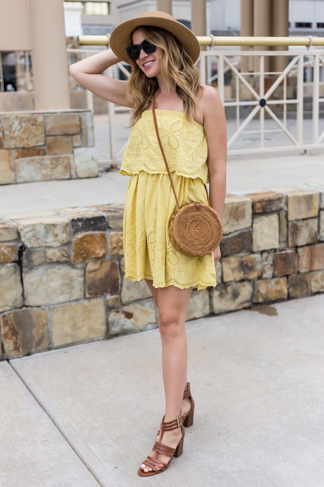 yellow eyelet dress with boater hat