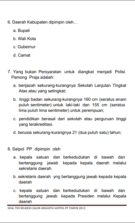 Contoh Soal Ujian Tertulis Rekrutmen Calon Satpol Pp Info Dunia Pendidikan