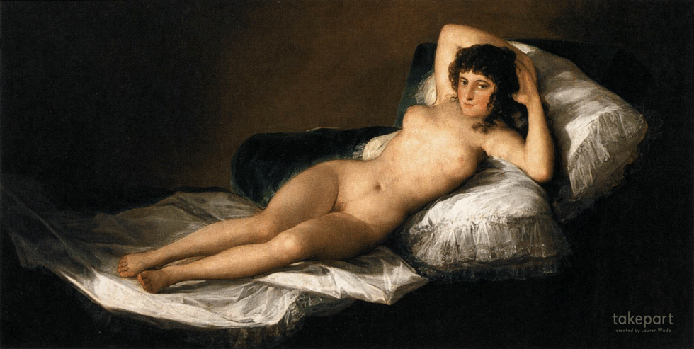 How Women in Iconic Paintings Would Look if They Got Photoshopped to Fit Today's Ideals - Francisco Goya, Nude Maya (1797-1800)
