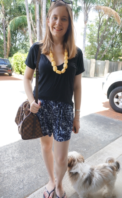 Away From Blue  Aussie Mum Style, Away From The Blue Jeans Rut: Olive And  Black Striped Tanks and Shorts Outfits With LV Speedy Bandouliere