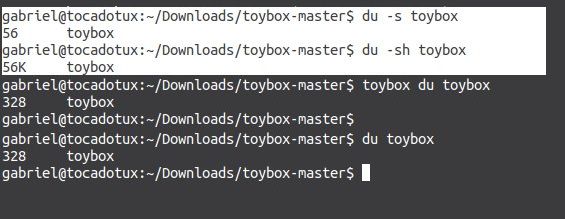 Eu utilizei o comando du (disk used) no bash contra o novo binário do toybox por duas vezes para conferir o seu tamanho final ao compilá-lo e o bash me retornou que o toybox tinha apenas 56k. Depois usei o du do toybox instalado na minha máquina que me retornou que o tamanho final do novo binário era de 328k. Depois utilizei o comando du do bash (pela terceira vez) que me retornou que o tamanho do toybox era de 328 e não 56 como das duas primeiras vezes... Eu utilizei o comando du (disk used) no bash contra o binário do toybox para conferir o seu tamanho final ao compilá-lo e o bash me retornou que o toybox tinha apenas 56k. Depois usei o du do proprio toybox que me retornou que seu tamanho final era de 328 e depois usei o comando du novamente no bash que me retornou que o tamanho do toybox era de 328...
