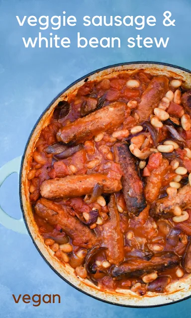 Veggie Sausage and White Bean Stew. A rich and spicy tomato stew with vegan sausages and white beans. Baked in a casserole dish in the oven for an easy bake that's perfect when served with creamy mashed potatoes and green vegetables.