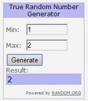 True Random Number Generator showing that out of 2 numbers, it has chosen number 2