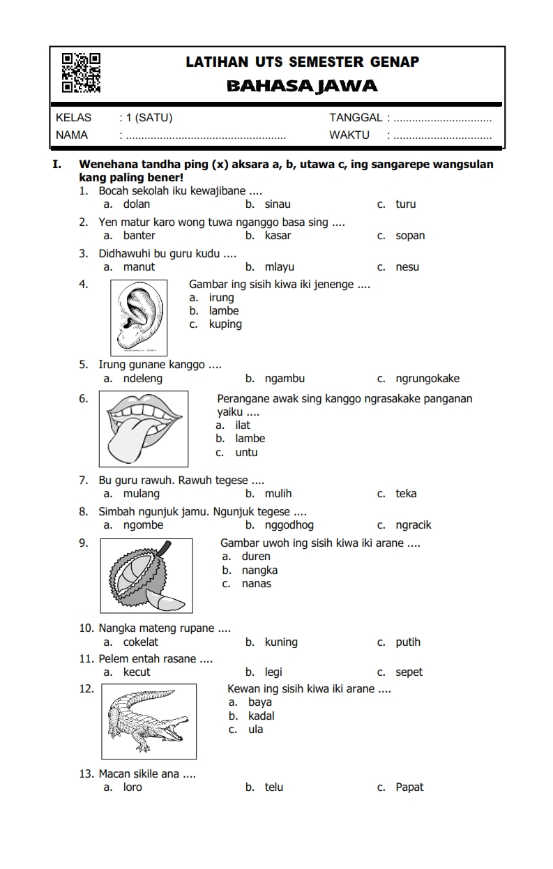 Download Soal UTS Genap Bahasa Jawa Kelas 1 Semester 2 - Rief Awa Blog