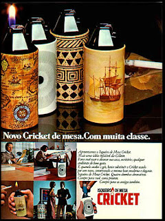  isqueiros de mesa Cricket anos 70; brazilian lighter;  propaganda anos 70; reclame anos 70; decada de 70; brazil; in the 70's; oswaldo hernandez