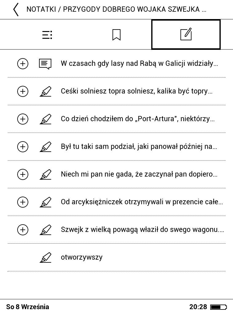 PocketBook Basic Lux 2 – lista dodanych zaznaczeń tekstu