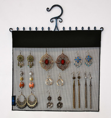 mesh earring organizer, with hook to hang in a closet