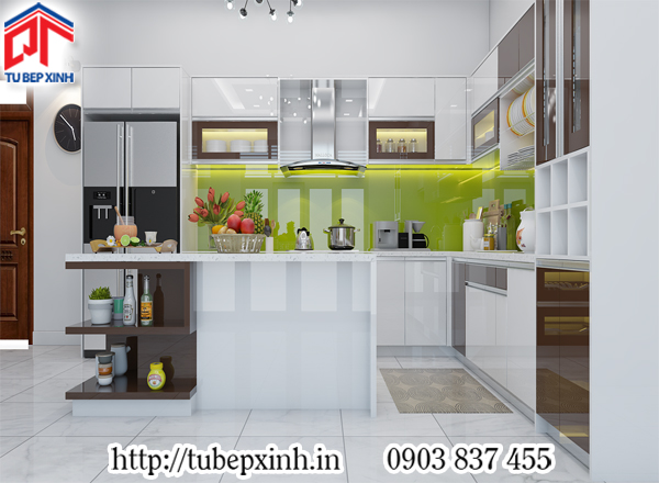 tủ bếp xinh tủ bếp trắng phối nâu có bàn đảo