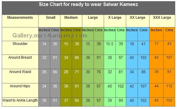 Size Chart For Ready to wear Salwaar Kameez / Ready made Garment | Mp3 ...