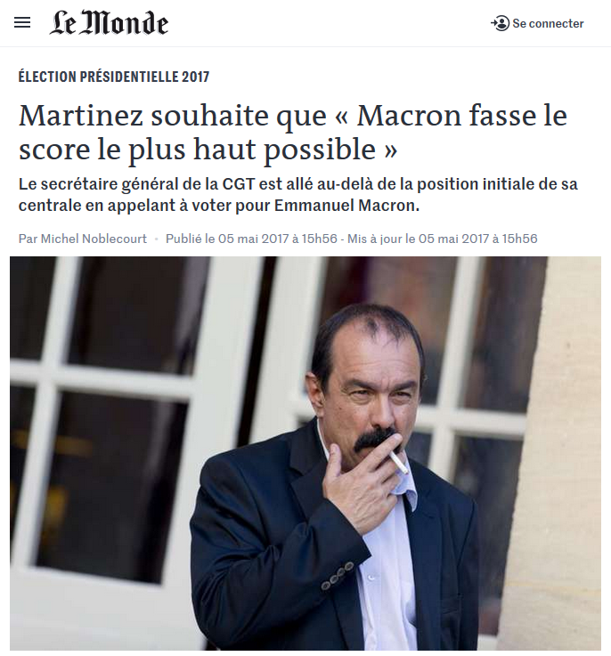 RÃ©sultat de recherche d'images pour "Le Monde : DÃ©claration Martinez pour le score le plus haut pour Macron"