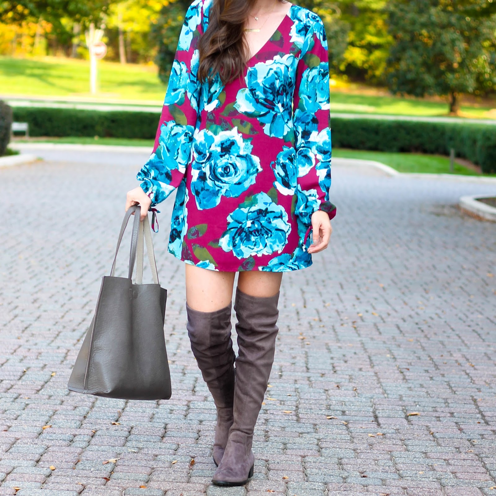 Leith V-neck floral long sleeved dress, floral dress, floral fall dress, fall outfit, fall inspiration, fall trends, over the knee boots, otk suede boots, over the knee faux suede, best fall boots, v-neck long sleeve dress, nc fashion blogger, nordstrom, forever 21 boots