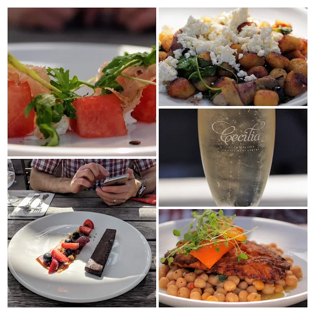 Blenheim wineries: collage of lunch pictures with sparkling wine at Allan Scott Family Winemakers in Marlborough New Zealand