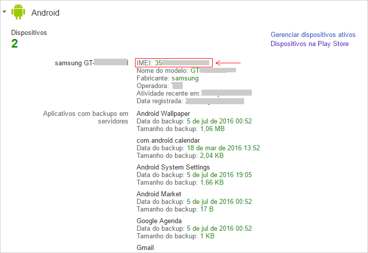 IMEI do celular salvo na conta do Google IMEI do celular salvo na conta do Google
