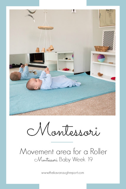 A movement area for a Montessori baby that can move! As a baby starts to roll, some changes need to be made to accommodate play and exploration. 