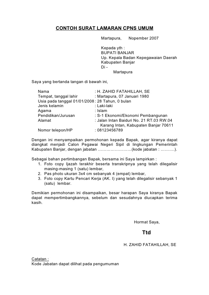 Contoh Surat Lamaran Kerja Di Instansi