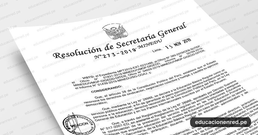 R. S. G. N° 273-2019-MINEDU - Declarar improcedente la comunicación del paro nacional para el día 21 de noviembre de 2019, presentada por los señores Lucio Castro Chipana y Ronald García Salcedo - SUTEP R. S. G. N° 273-2019-MINEDU - Declarar improcedente la comunicación del paro nacional para el día 21 de noviembre de 2019, presentada por los señores Lucio Castro Chipana y Ronald García Salcedo - SUTEP