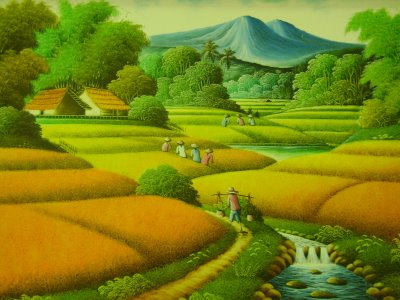 Lukisan Pemandangan Desa di Kaki Gunung
