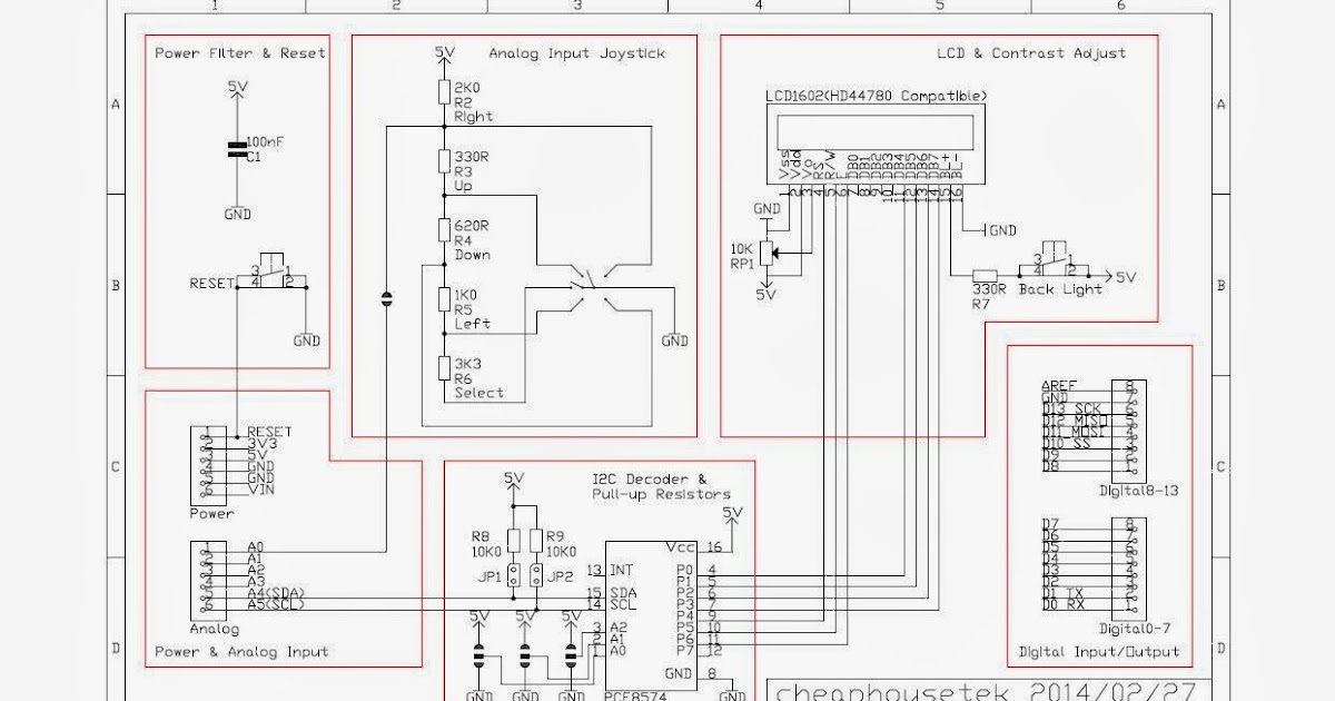 Cheaphousetek schematic for pcf8574 i2c lcd keypad shield using