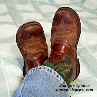 Jimmy's boots kicked back and relaxing a pair of Justin Roper boots crossed and propped up in a relaxed position