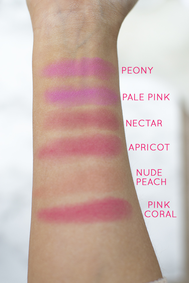 Bobbi Brown Blush Swatches - Peony, Pale Pink, Nectar, Apricot, Nude Peach and Pink Coral