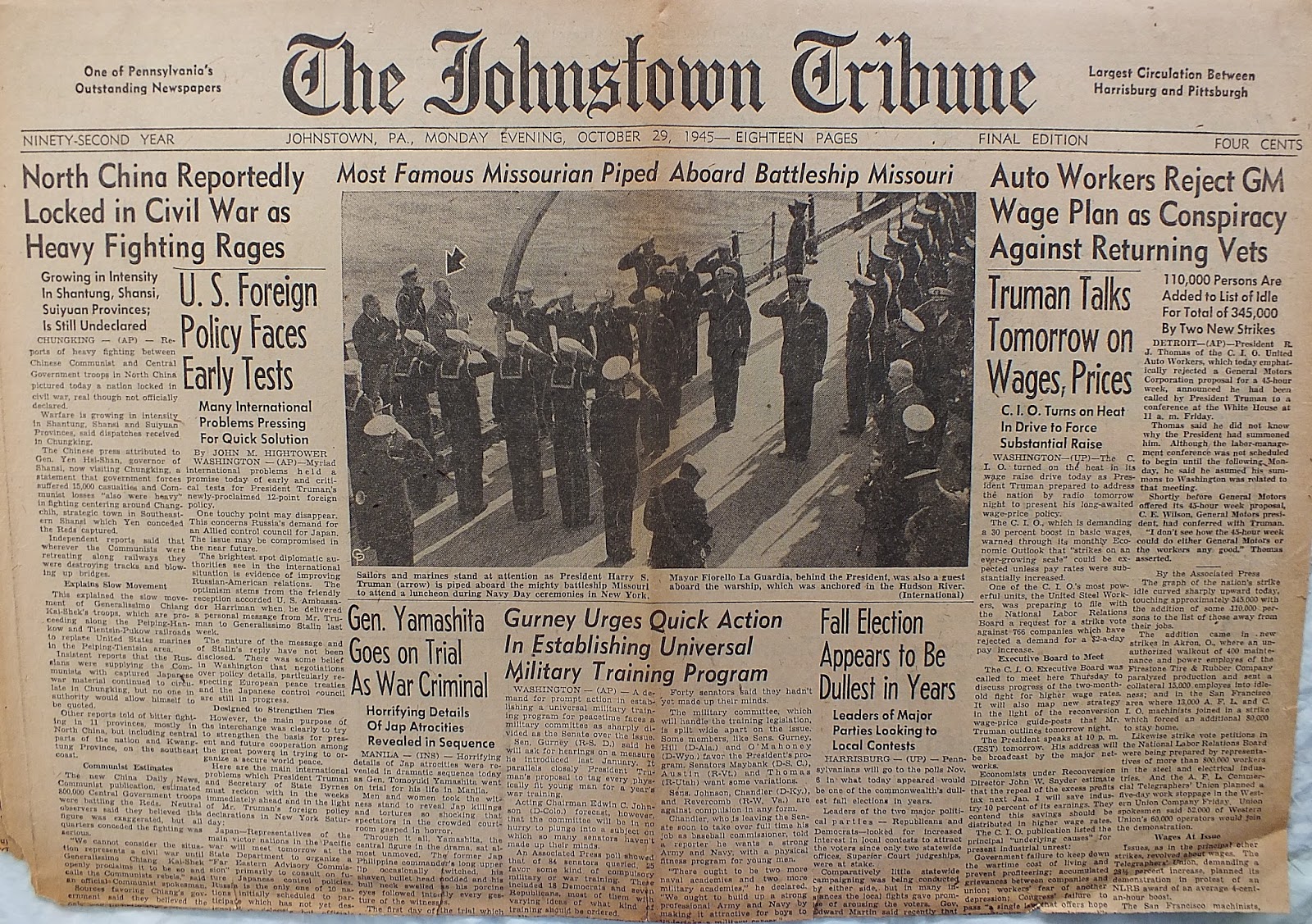 The Johnstown Tribune WWII October 29, 1945