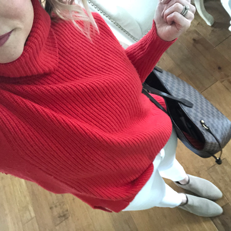 red sweater with white jeans and booties