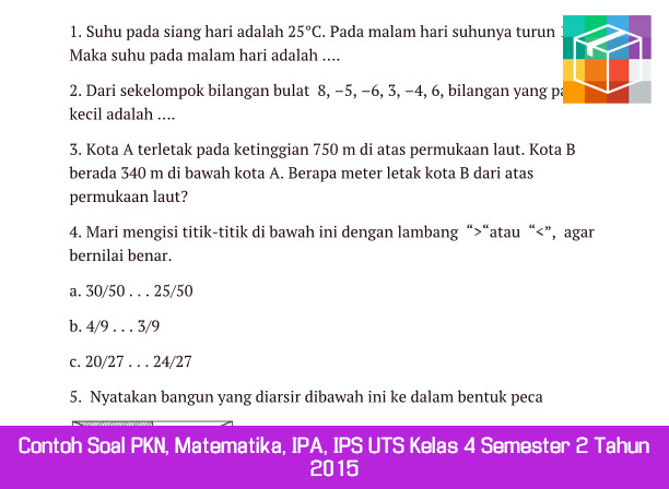 Contoh Soal PKN, Matematika, IPA, IPS UTS Kelas 4 Semester
