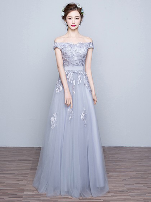 A-line Gray Tulle Appliques Lace Discounted Off-the-shoulder Prom Dresses