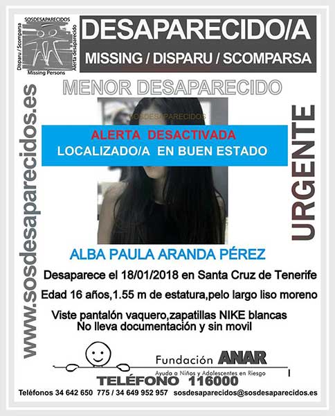 Alba Paula Aranda Pérez, menor que se encontraba desaparecida en Santa Cruz de Tenerife, localizada en buen estado