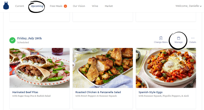 Manage your Blue Apron meals if you want to skip that week. Blue Apron menu