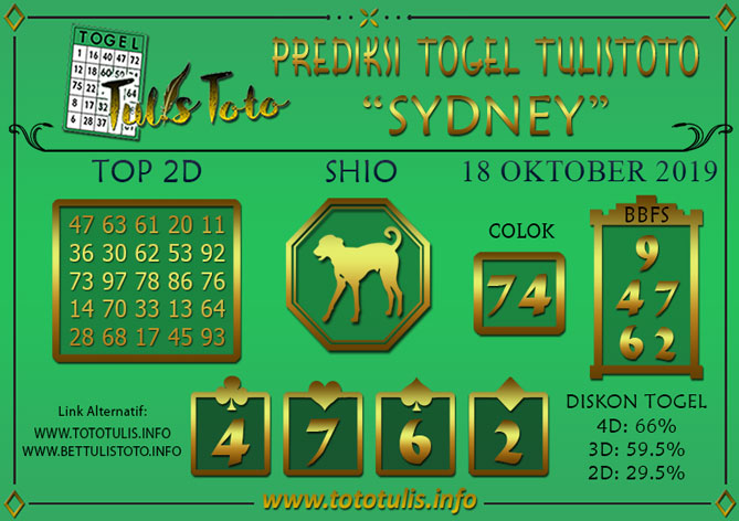 Prediksi Togel SYDNEY TULISTOTO 18 OKTOBER 2019